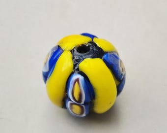 Vintage Millefiori Bead • Melon Shape • Blue Yellow Red White • Handmade • 9.38g • 1591