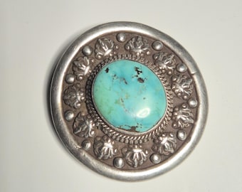 Vintage belt buckle made of 925 silver with large turquoise – Tibetan style, acquired in Kathmandu in 1989