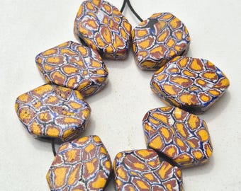 8 rare Millefiori Tabular Beads with 6 corners – antique glass beads in a set, 31 x 21 mm, 91 g – Trade Beads for collectors & jewelry design