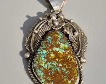 Large Navajo pendant with turquoise – Sterling silver handcrafted, 80 mm, spider web matrix, 33.04 g – Schmuckrausch Vintage