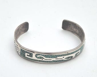 Vintage Zuni Bangle 1970s – Turquoise Mosaic Inlay – Hand-Chained – Silver Hallmarked – 22 g I 1517