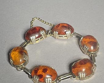 Vintage Baltic Amber Bracelet 830 Silver Gilt Amber Link Bracelet Art Deco Style Germany Mid Century | Jewelry Rush Vintage 0727