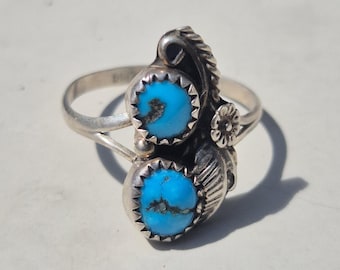 Filigree Navajo style ring • 925 silver tested • Two turquoises with matrix • Flower & leaf • Size 63 • Vintage