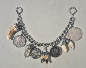 Antique charivari made of 925 and 835 silver with 8 pendants – extendable – roe deer horn shark tooth coins – traditional men's jewelry