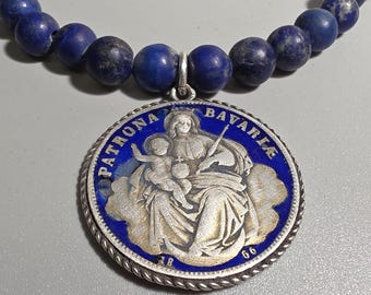 Antique 1866 King Ludwig II Silver Thaler Necklace with Lapis Lazuli | Patrona Bavariae, Bavarian costume, Oktoberfest I SR1463
