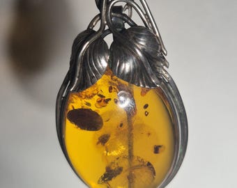 Antique Art Nouveau necklace with amber | 925 silver pendant & brooch | Honey-colored cabochon | Handmade unique piece 1166