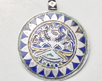 Antique Kennauri Pendant with Goddess • Himachal Pradesh • Four-armed Goddess in Blossom • Enamel • India • Tribal Jewelry I 1619