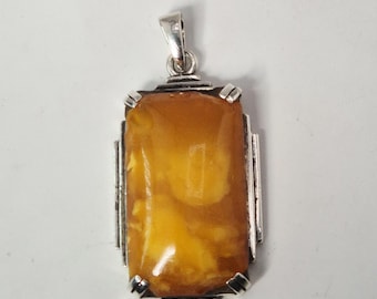 Amber pendant, Art Deco silver 835, rectangular, Schmuckrausch Vintage 0316