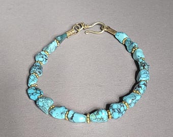 Turquoise bracelet 19 cm | Hubei Natural Turquoise | Bali Silver Gold Plated | Blue Bracelet with Matrix | Boho Jewelry | Schmuckrausch Vintage 0761