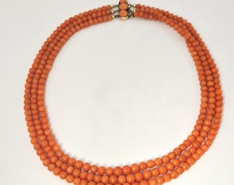 Three-strand coral necklace, precious coral, Italy, circa 1920–1940, traditional costume, wedding, jewelry, vintage 0220
