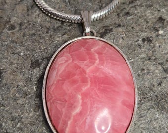 Rhodochrosite pendant, silver, oval, snake chain, 42 cm, Schmuckrausch Vintage 0157