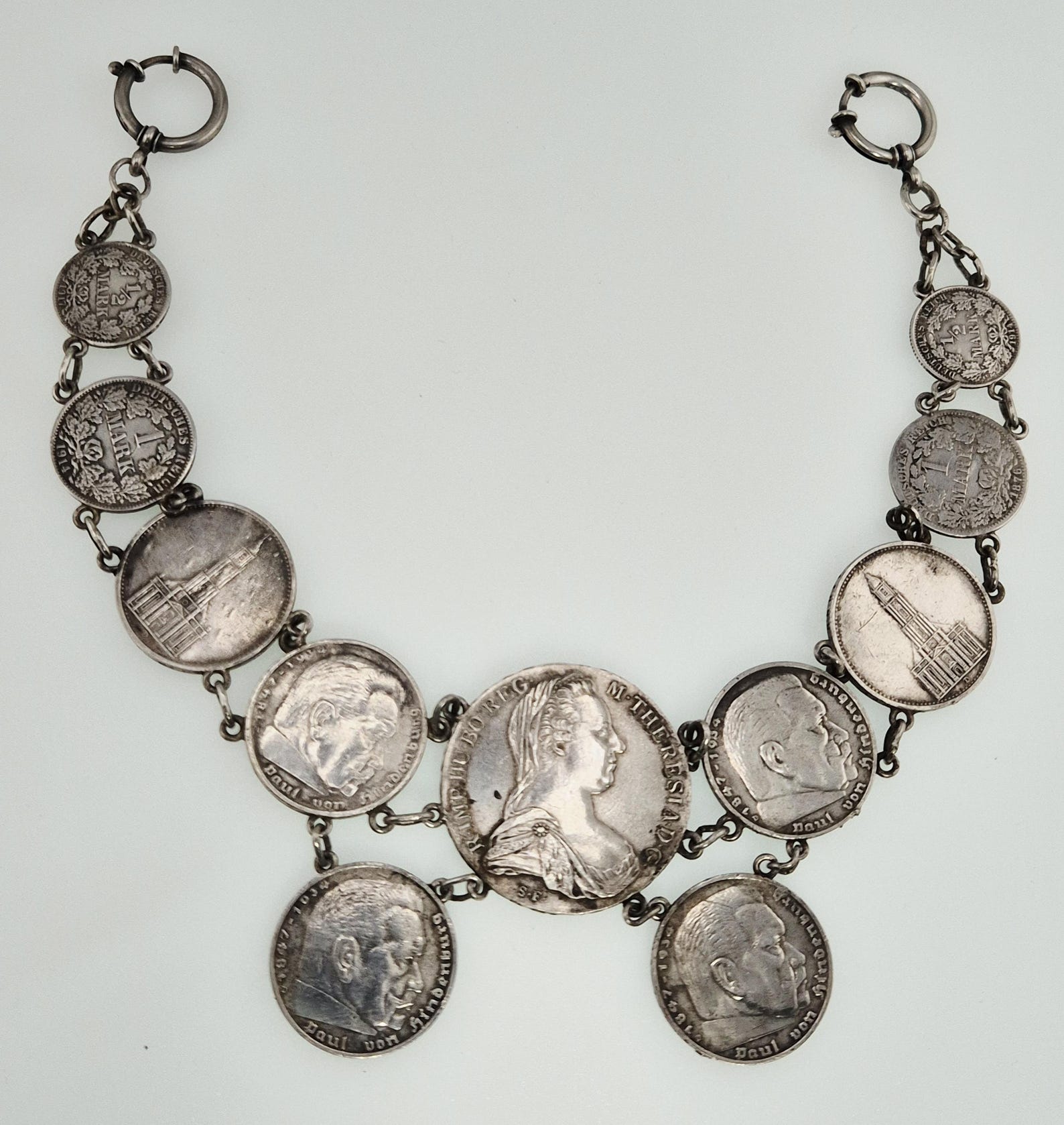 Antique men's silver charivari with Maria Theresa Thaler and 6 five-mark pieces – traditional costume jewelry for Oktoberfest, Schmuckrausch Vintage 1822