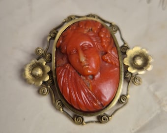 Antique 14K gold brooch 9.88 g with Mediterranean coral cameo carved female bust in front of Art Nouveau jewelry rush Vintage 1870