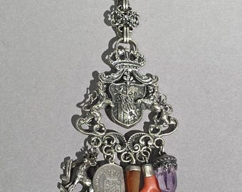 Antique skirt pin, 835 silver, with Bavarian coat of arms and 5 pendants – Dirndl jewelry, wedding, Oktoberfest – 60.72 g I SR0190