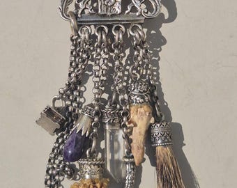 Ladies' Charivari with silver coat of arms pin | Art Nouveau | Lucky charm badger brush amethyst deer swirl | Apron strap safety