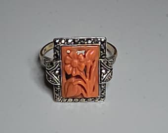 Art Nouveau ring, carved coral marcasites, 18k gold, size 55, Schmuckrausch Vintage 0319