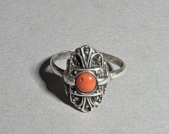 Silver ring with 5 mm Italian coral, vintage, size 52, Schmuckrausch Vintage 1617