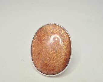 Large sunstone orthoclase ring, 925 silver, aventurization, vintage jewelry collection 0166