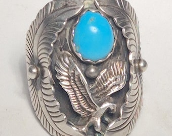 Vintage Navajo style men's ring made of 925 silver – turquoise over eagle motif, circa 1970