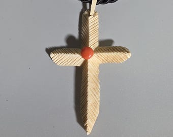 Antique Bavarian Bone Cross Necklace with Mediterranean Coral – Trachten Jewelry I SR1231