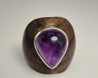 Ebony silver ring with amethyst drop, band ring size 55 – Schmuckrausch Vintage 1507