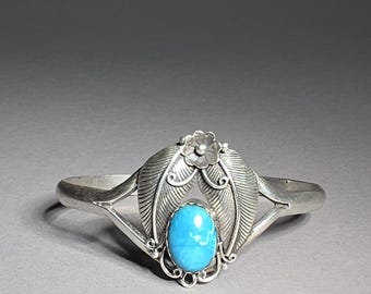 Turquoise Cuff Bracelet Vintage Sterling Silver Southwest Leaf Design USA Boho Jewelry Bangle | Schmuckrausch Vintage 0702
