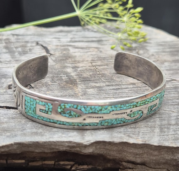70s Vintage ZUNI Bangle silver925 ズニ族 Vintage Zuni Bangle 1970s – Turquoise Mosaic Inlay – Hand-chained