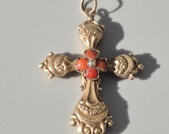 Antique cross, 14 karat gold, decorated on both sides with coral and pearl, handmade, Biedermeier traditional jewelry, Schmuckrausch Vintage 442