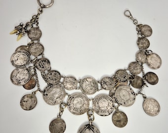 Antique coin charivari with 30 silver coins & hunting trophies – 18th/19th century – traditional costume jewelry Schmuckrausch Vintage 1804