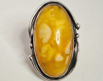Amber ring, 835 silver, Art Nouveau transition, Art Deco, large cabochon, bone amber, 37.6 x 20 mm, Schmuckrausch Vintage 0252