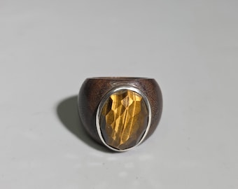 Faceted Tiger Eye Wood Ring, Oval Gemstone, Macassar Ebony & 925 Sterling Silver, Vintage 2000s Ring, EU 5 I SR1641