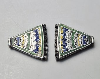 Pair of Kennauri end pieces for multi-strand necklace • Himachal Pradesh • Enamel on silver • Tribal jewelry piece • Antique I 1622