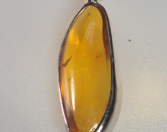 Amber pendant clear drop – natural shape – cognac color – sunburst – 925 silver – unique piece 1761