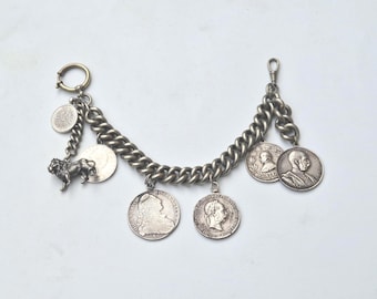 Antique charivari for men with genuine silver coins & lion pendant | Unique traditional jewelry for Wiesn, Oktoberfest, and hunting