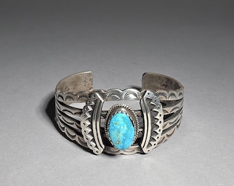Vintage Navajo Turquoise Cuff Bracelet Sterling Silver CC Signed Southwest Jewelry Schmuckrausch Vintage 0866