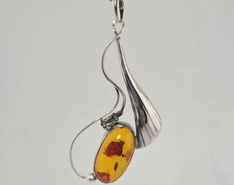 Amber necklace with pendant, 835 silver, Art Nouveau, cognac-colored Baltic amber, Schmuckrausch Vintage 1487