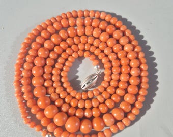 Antique long coral necklace, Sardinian coral, round, graduated, silver clasp, Art Nouveau, Italy, vintage