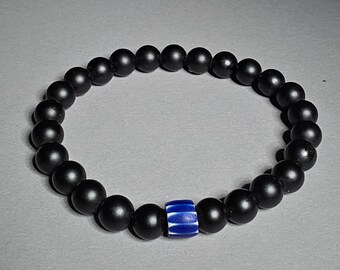 Onyx bracelet with chevron Murano trade pearl – 8 mm beads, 20 cm, Schmuckrausch Vintage 0706