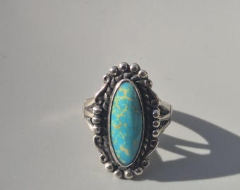 Finely crafted Navajo ring in sterling silver with American turquoise, Native American hallmark, early work – Schmuckrausch Vintage 0266