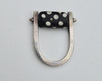 Silver ring Tribal Spirit 925 • Eyebead trade pearl movable • Black with white dots • Roller shape • Unique 1990s • Size 54 I 1530