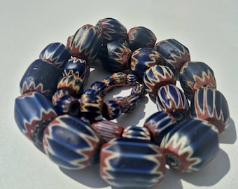 Antique strand of 37 chevron Murano beads, 7-ply, 70 cm, blue, red, white, 16th-18th century, prestige beads, Africa, America, collector's item (1390)