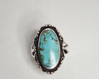 Turquoise ring, 925 silver, oval cabochon, 20 mm x 9.7 mm, size 55, Southwest style, circa 1950, Schmuckrausch Vintage 1721