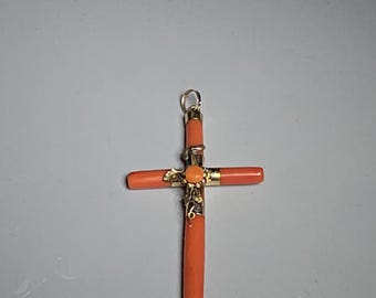 Coral Cross, 585 Gold, Tested, Late 19th Century, 60 mm, Vintage Jewelry Collection 0492
