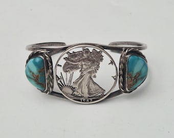 Vintage silver bangle USA with Walking Liberty coin 1950 and turquoise ladies bangle Native American style 60 mm unique I 1443