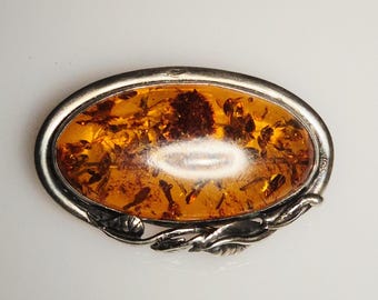 Antique Art Nouveau brooch, silver-tested – amber cognac – 3 leaf motifs – approx. 12.6g – handmade – unique piece around 1900 1677