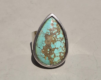 Ring with large drop turquoise made of natural stone in 925 silver with Silvery hallmark Ring size 50 US 5.25 Weight 18.7g Unique 1513