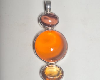 Pendant Tiger Eye Amber Citrine Silver 925 Unique Piece 1162