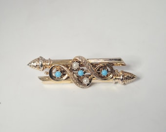 Antique bar brooch with turquoise and pearls, silver gilt, circa 1900, Schmuckrausch Vintage 0173