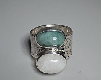 Moonstone Emerald Ring, 925 Sterling Silver, Cabochon Faceted, Tribal Spirit Gallery 0827