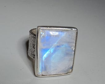 Rainbow Moonstone Statement Ring, 925 Silver, Silvery Workshop Work, Size 53, Schmuckrausch Vintage